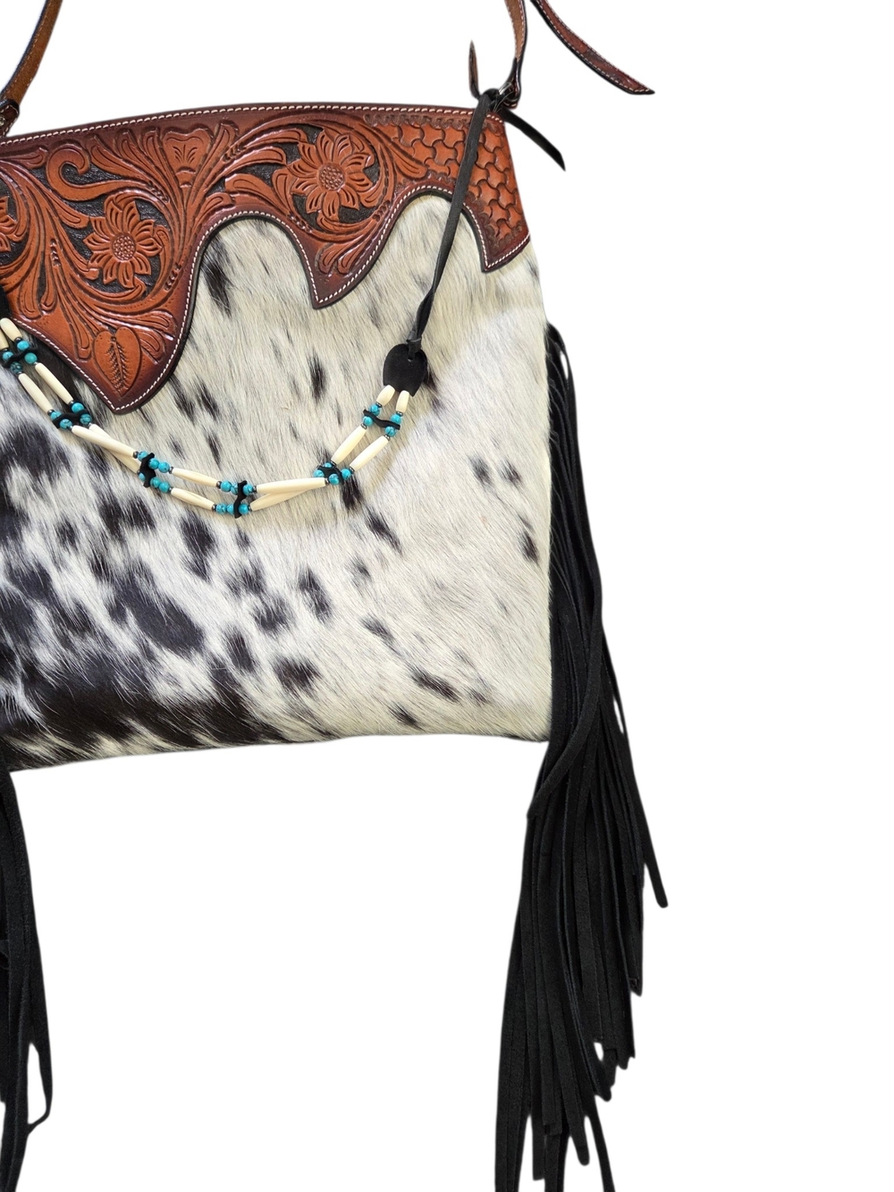 Rafter T Hair On Hide Cowhide Western Cowgirl Rodeo Fringe Crossbody Purse - Picture 2 of 7